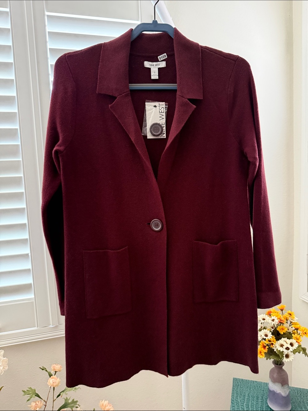 Nine West Women's Burgundy Single-Button Knit Coatigan NWT